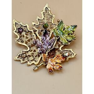 Vintage KC Co. Gold Tone Jeweled Leaf Brooch/Pin. Purple/Green/Brown